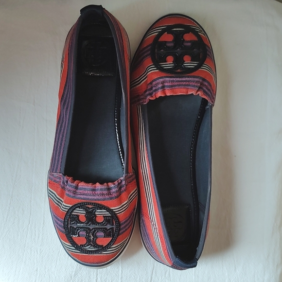Tory Burch Shoes - Tory Burch Logo Raymond Striped Canvas / Patent Leather Flats Size 7 Slip-on